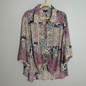 NEW Jones & Co Woman Patchwork Floral Print Button Down Shirt Tunic Top 3X